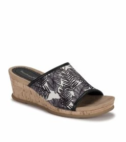 Deals ⌛ Baretraps Flossey Wedge Slide 🩴 Sandal (BT27959) Black/white Palm Canvas 🎁